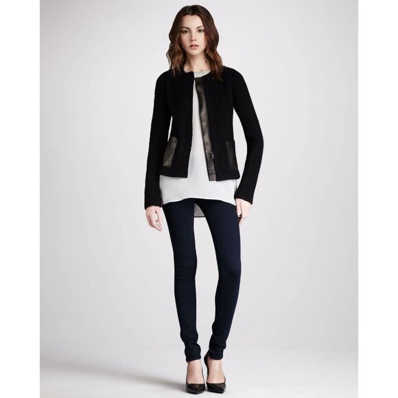 VINCE Black Wool Boucle Knit Lamb Leather Minimalist Collarless Jacket, Size 2 - Picture 1 of 14